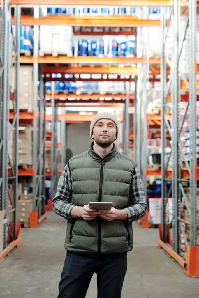 pexels photo 4484077 Warehouse worker stands in aisle using a tablet to manage inventory.