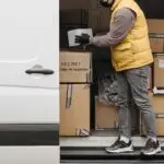 Contact Deliveryman arranging packages in white van for efficient distribution.